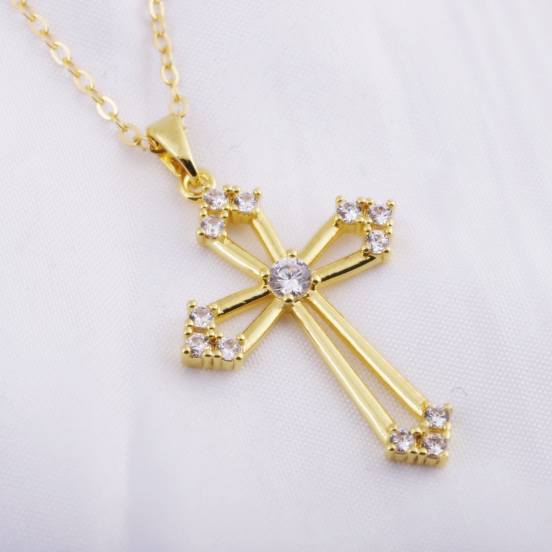 Women's Crown Cross Hollow Design Colorful Zircon Clavicle Chain Necklace Light Luxury Gold Plated Copper Jewelry - Image 4