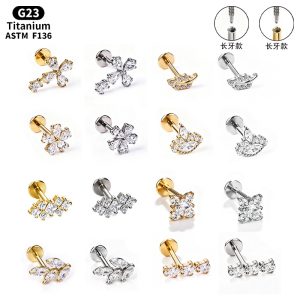 F136 Titanium Alloy Long Tooth Style Ear Studs, Finely Carved Ear Bone Studs with Zirconia, Lip Studs, G23 Titanium Body Piercing Jewelry