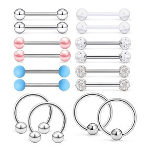 Rose Gold 16Pcs Stainless Steel Nipple Ring Set with Safety Lock Design Body Piercing Jewelry