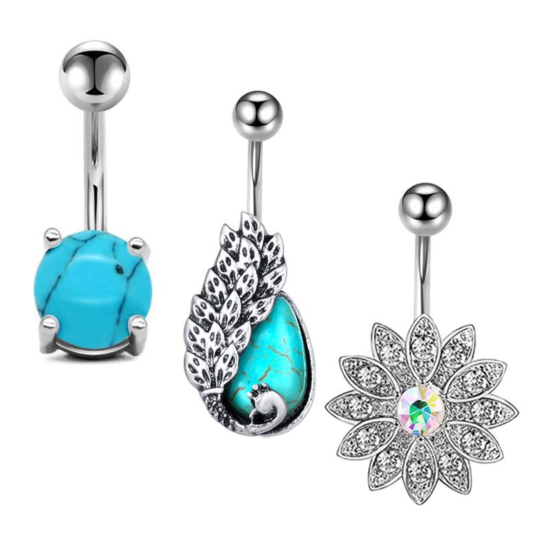 Exquisite AB Color Navel Zircon Ring Soft Pot Ball Belly Ring 3-Piece Set Stainless Steel - Image 2
