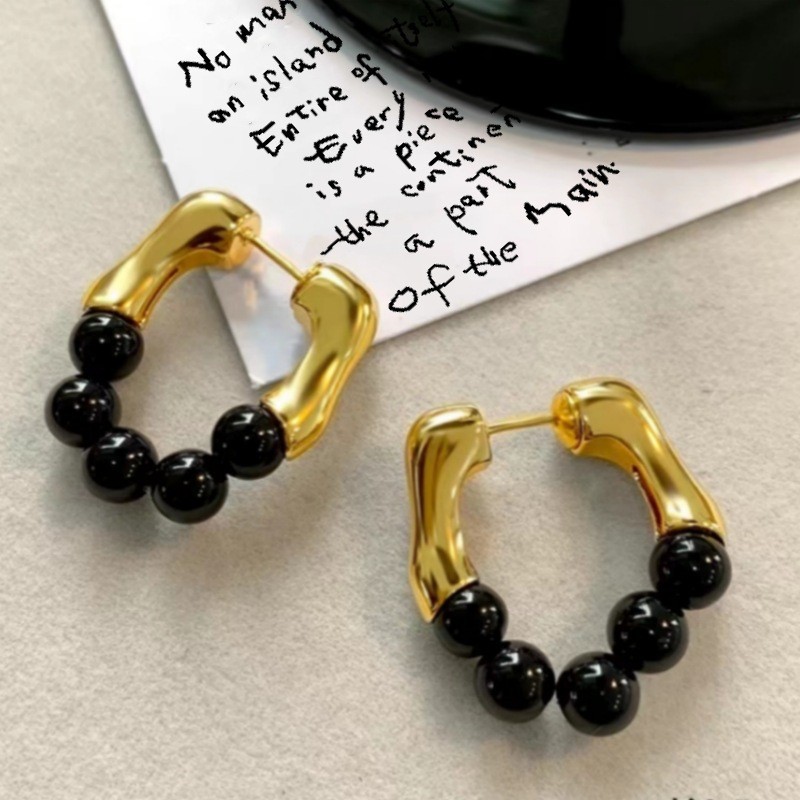 Elegant Gold Hoop Earrings with Black Pearl - Light Luxury Geometric Fashion Earrings for Women - Image 2