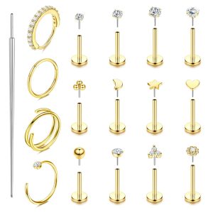 Stainless Steel Flat-Bottom Lip Nose Nail Set with Zircon Heart Design - 17 Pieces Piercing Jewelry