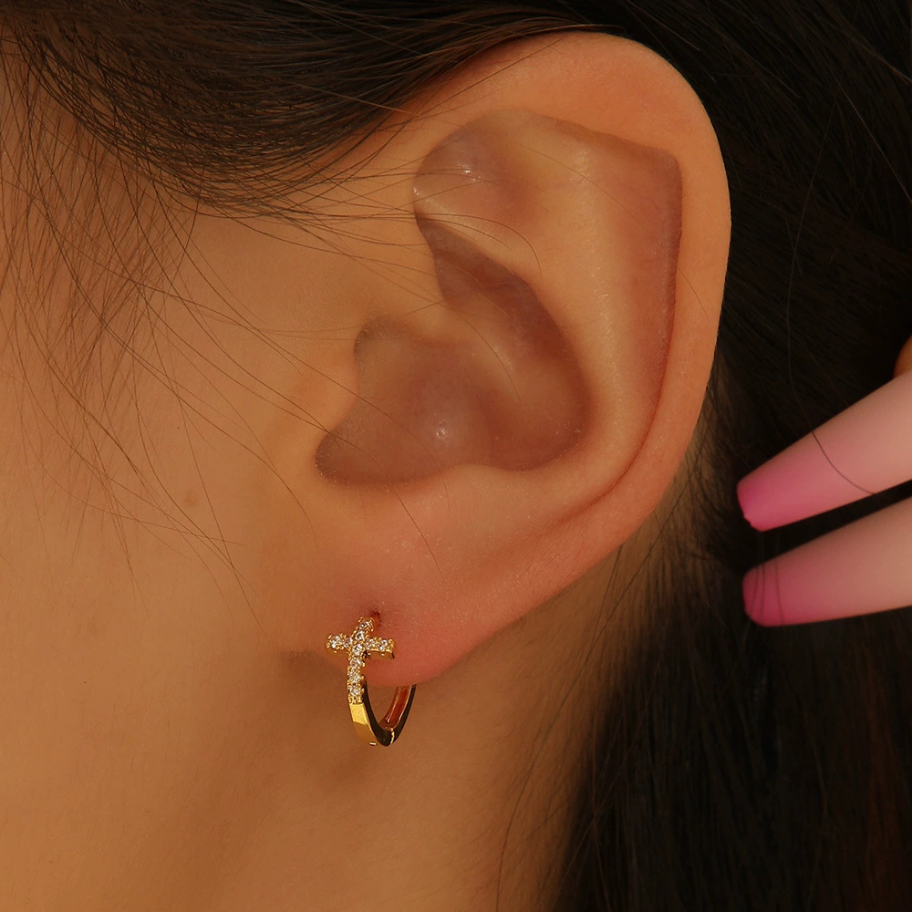 Cross Cross Inlaid Zircon Earrings for Women Hoop Ear Buckle Simple Niche Design - Image 4