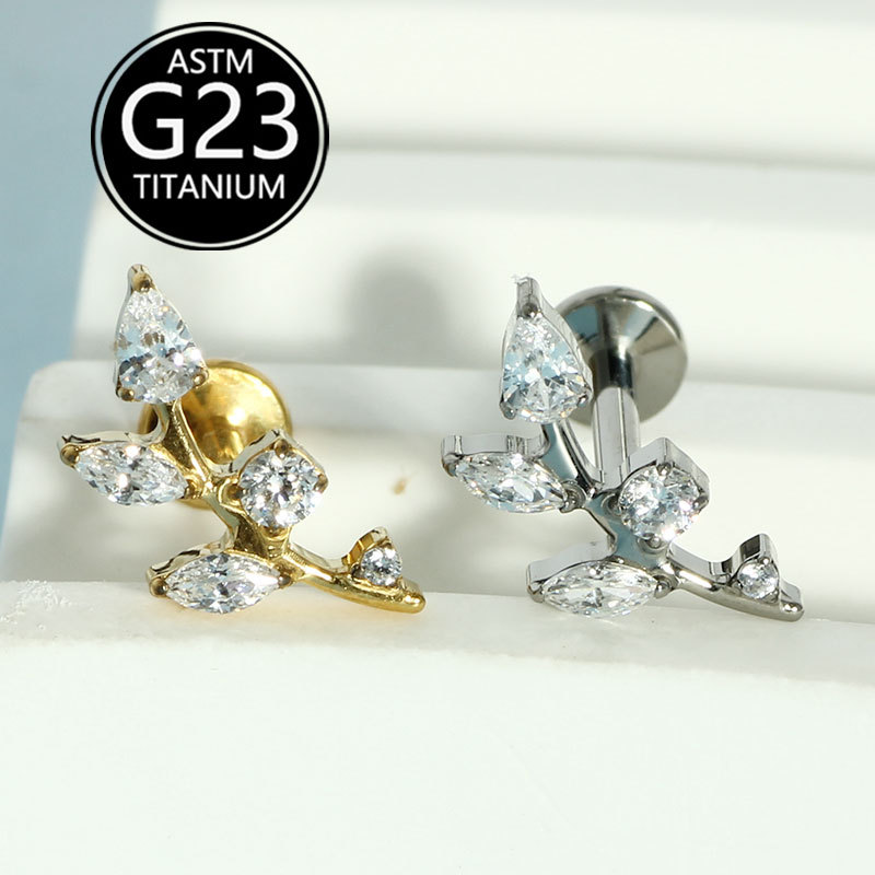 G23 Titanium Alloy Lip Piercing Jewelry with Diamond Leaf Drop-Shaped Zircon Labret Stud, Sold Individually - Image 5