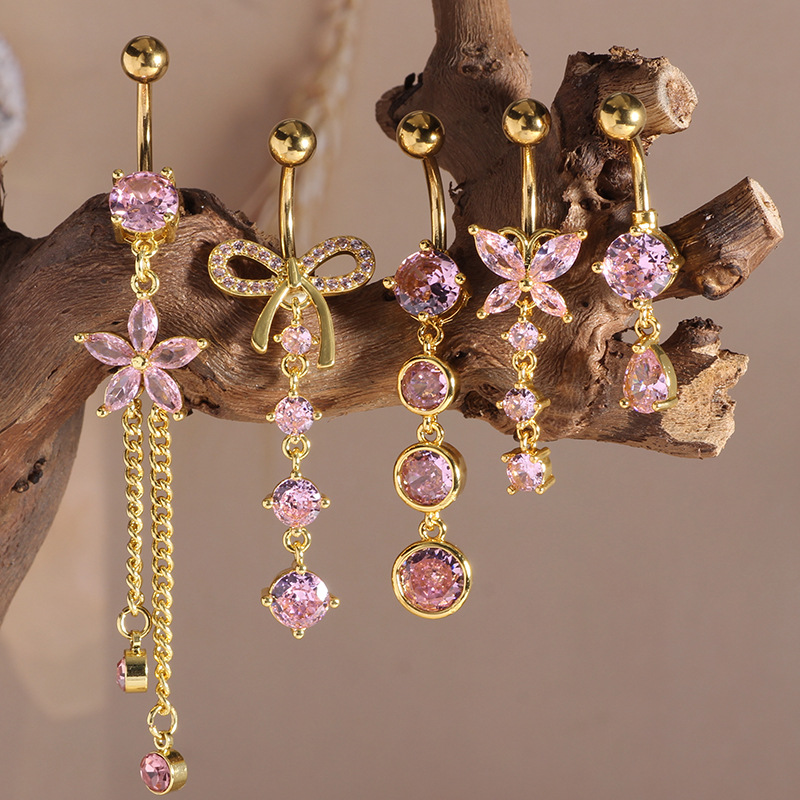 5-Piece Set Stainless Steel Belly Button Rings with Bowknot and Zircon Inlay Fashion Navel Jewelry - Image 2