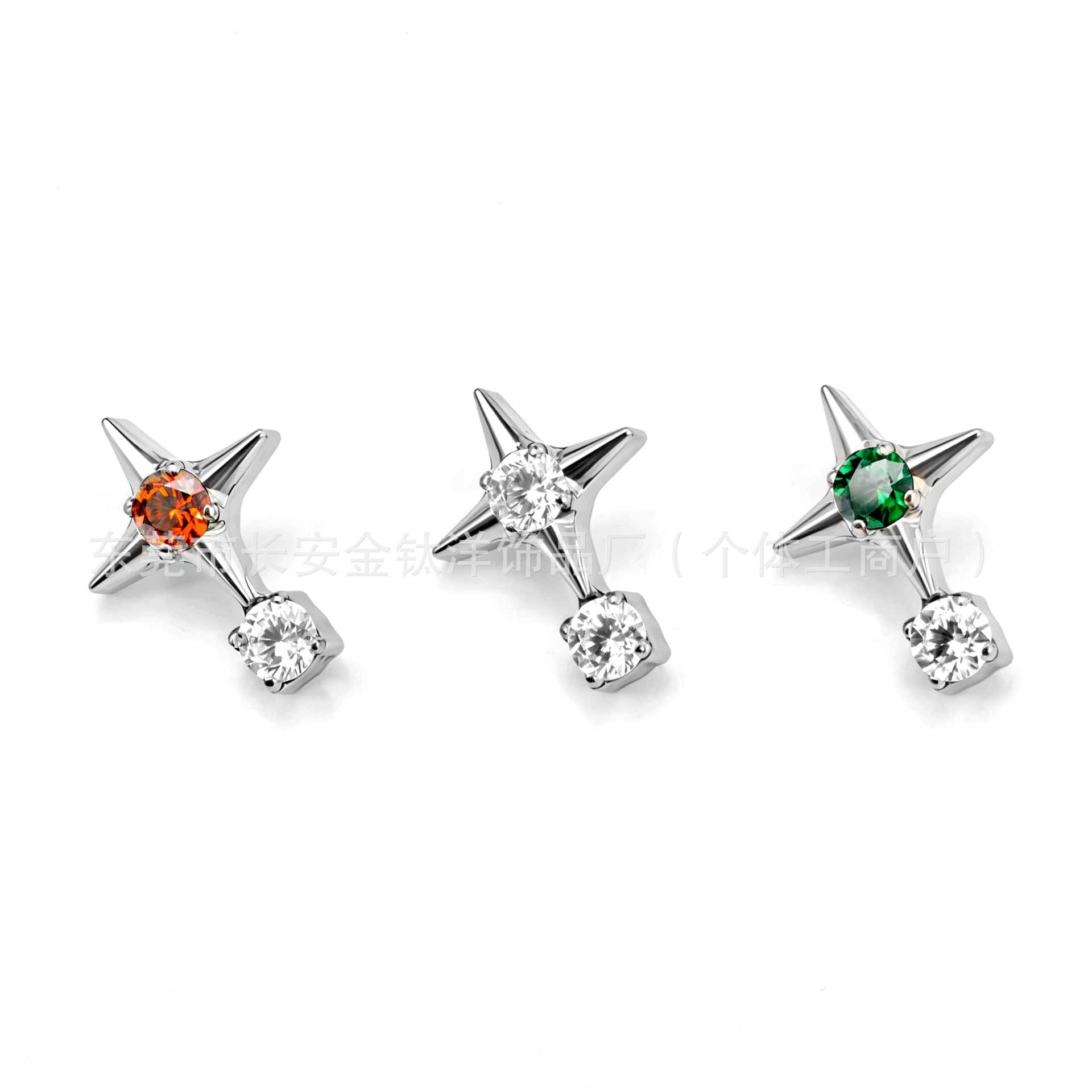 F136 Titanium Four-Pointed Star Round Zircon Lip Piercing, Nose Piercing, Ear Piercing, Ear Bone Piercing - G23 Titanium Alloy Body Jewelry - Image 3