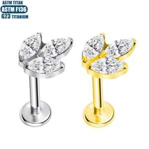 F136 Titanium Alloy Leaf Lip Ring with Diamond Inner Tooth Thread - Tragus Earring - Small Ear Stud - Piercing Jewelry
