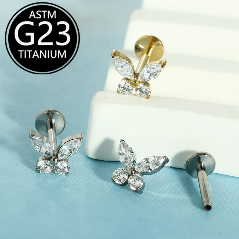 G23 Titanium Butterfly Earrings with Zircon Studs, 6-10mm Lip Piercing Studs, Light Luxury High-End - Image 2