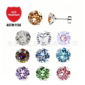 Jiangtai F136 Titanium Swarovski Four-Claw Round Cake Ear Bone Nail - G23 Titanium Alloy Body Piercing Earring