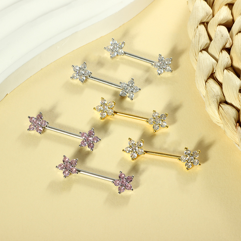14G Micro-Inlaid Zircon Peach Heart Nipple Ring Stainless Steel Flower Nipple Piercing Jewelry for Women Sold in Pairs - Image 2