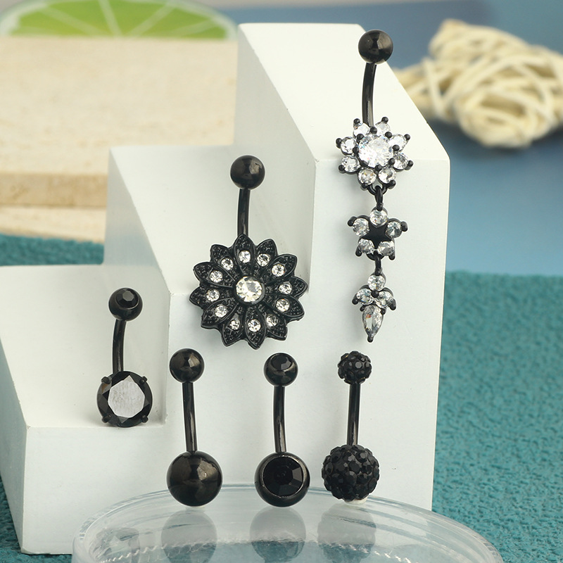 5-Piece Black Amazon Stainless Steel Zircon Diamond-Embedded Dragon Claw Navel Ring Set - Image 4