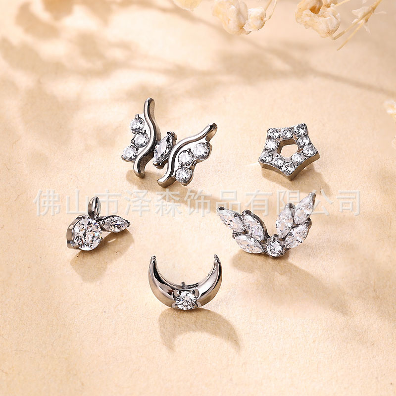 F136 Titanium Alloy Ear Studs, Finely Carved Zircon Ear Bone Studs, G23 Titanium Lip Studs, Body Piercing Jewelry - Image 2