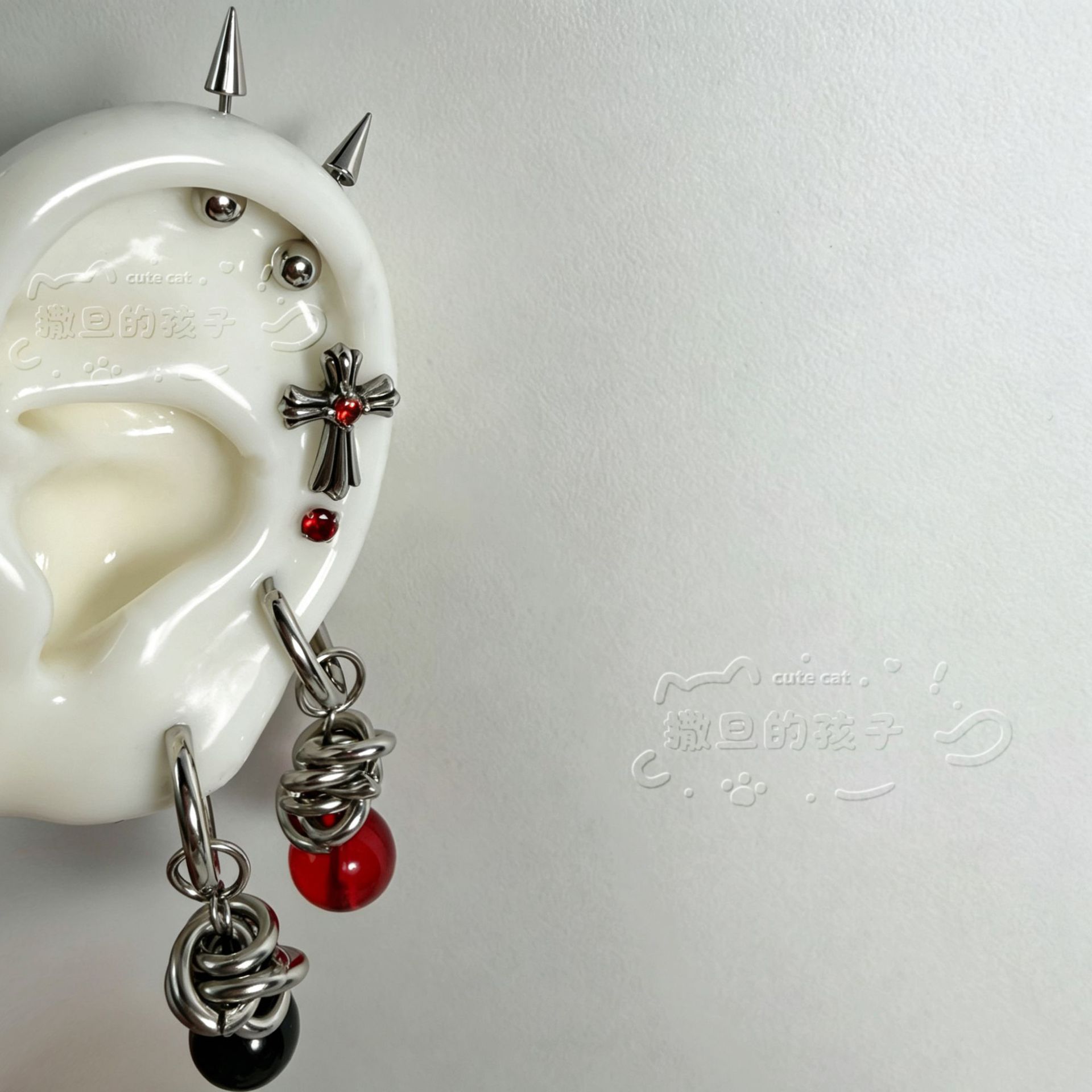 Blood Cross Punk Ear Studs, 316L Surgical Steel Flat Back Earrings for Cartilage, Satan's Child Design - Image 2