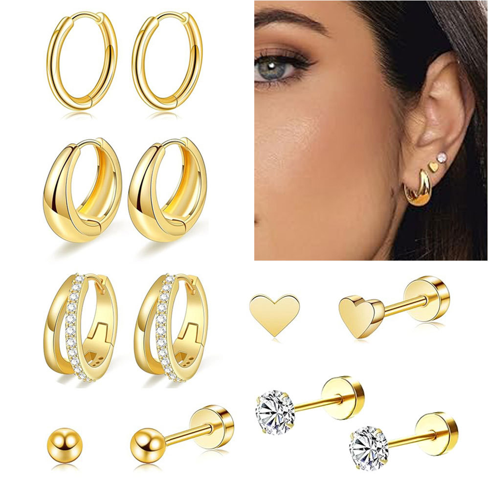 Stainless Steel Gold Electroplated Round Earrings Set with CZ, Heart Shape, Exquisite Ear Piercing Jewelry - Image 2