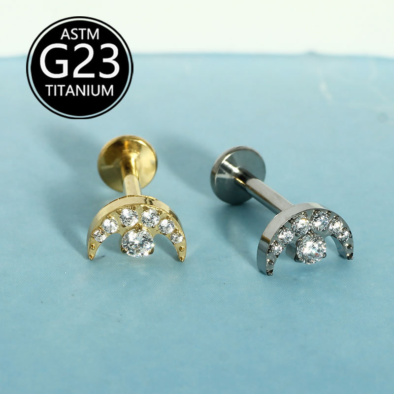G23 Titanium Internally Threaded Flat Lip Stud Moon Zircon Piercing Jewelry - Image 4