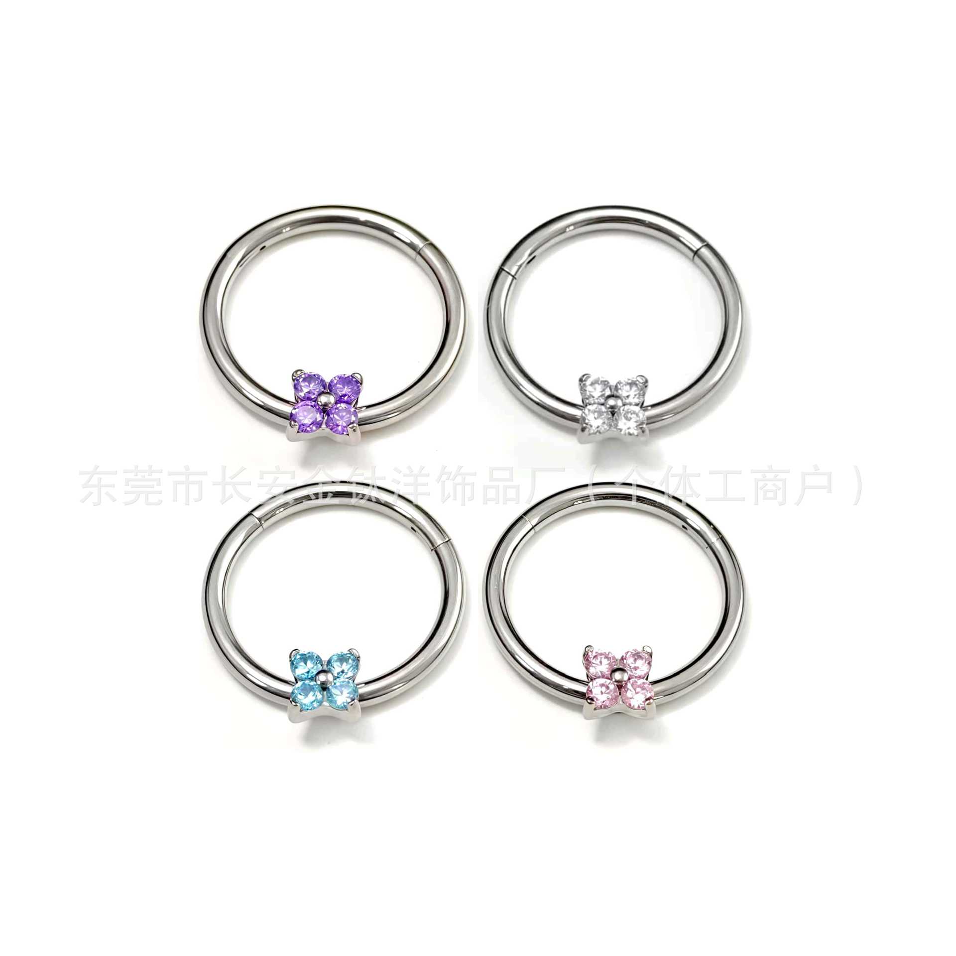 F136 Titanium Four-Leaf Clover Zircon Seamless Open Ring Nose Septum Earring - Blue Zircon - Image 3