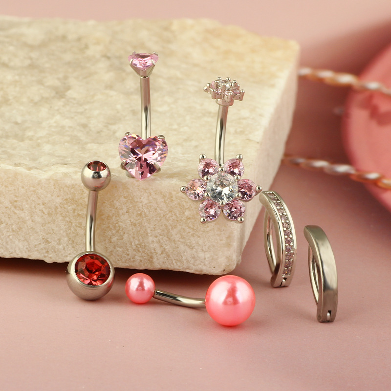 Stainless Steel Belly Button Ring Set Micro-Set Zircon Navel Studs 6-Pack Geometric Flower Jewelry - Image 3