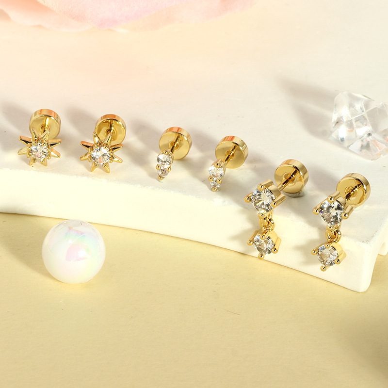 Gold Electroplated Stainless Steel Stud Earrings with Zirconia - Simple Geometric Cartilage Ear Bone Stud Jewelry - Image 3