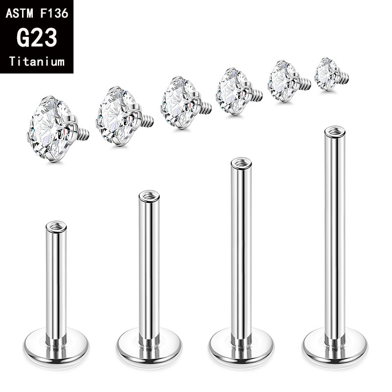 G23 Titanium Four-Claw Inlaid Zircon Inner Tooth Lip Nail Internal Thread Ear Stud, 1.2mm x 14mm, 8mm Top - Image 3