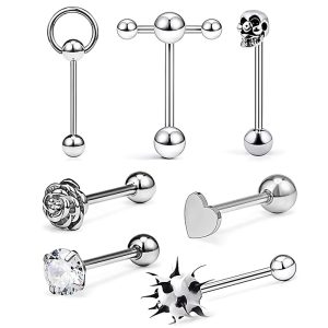 7-Piece Stainless Steel Ghost Head Star Tongue Ring Set - Rose Gold Tongue Nail Piercing Jewelry