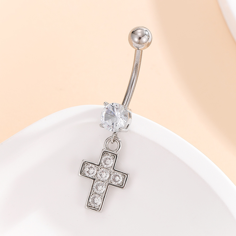 Cross Pendant Belly Button Ring Gold Copper Inlaid Stone Dangle Piercing Jewelry - Image 2