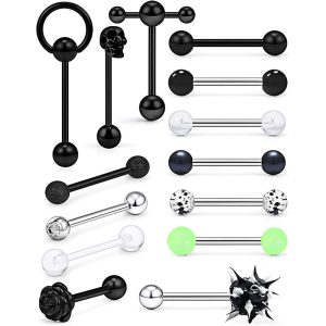 14 Piece Stainless Steel Tongue Stud Set - 4 Color Options Mixed Star Shape Straight Rod Tongue Ring Piercing Jewelry for Quick Sale