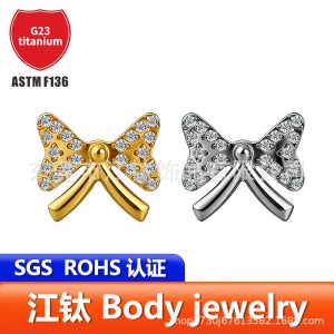 G23 Titanium Alloy Butterfly Knot Ear Bone Stud with Zircon Inlay – Gold
