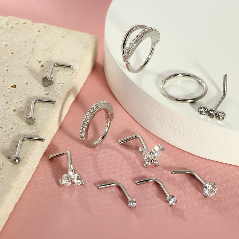 Classic 12-Piece Nose Nail Set Curved Barbell Copper Inlaid Zircon 7mm Nose Ring Set for Women Men - Image 3