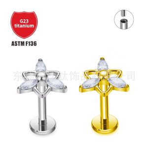 G23 Titanium Ear Bone Nail Triangular Flower CZ Stud Earring Body Piercing Jewelry