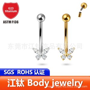 G23 Titanium Butterfly Eyebrow Stud with CZ Inlay, Gold, 1.2mm x 10mm, Threadless, Body Piercing Jewelry