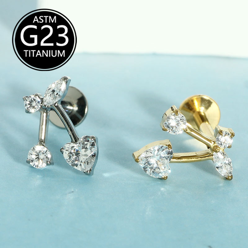 G23 Titanium Alloy Piercing Jewelry Cherry Zircon Pendant 1.2mm Internally Threaded Lip Labret Stud Earrings - Image 4