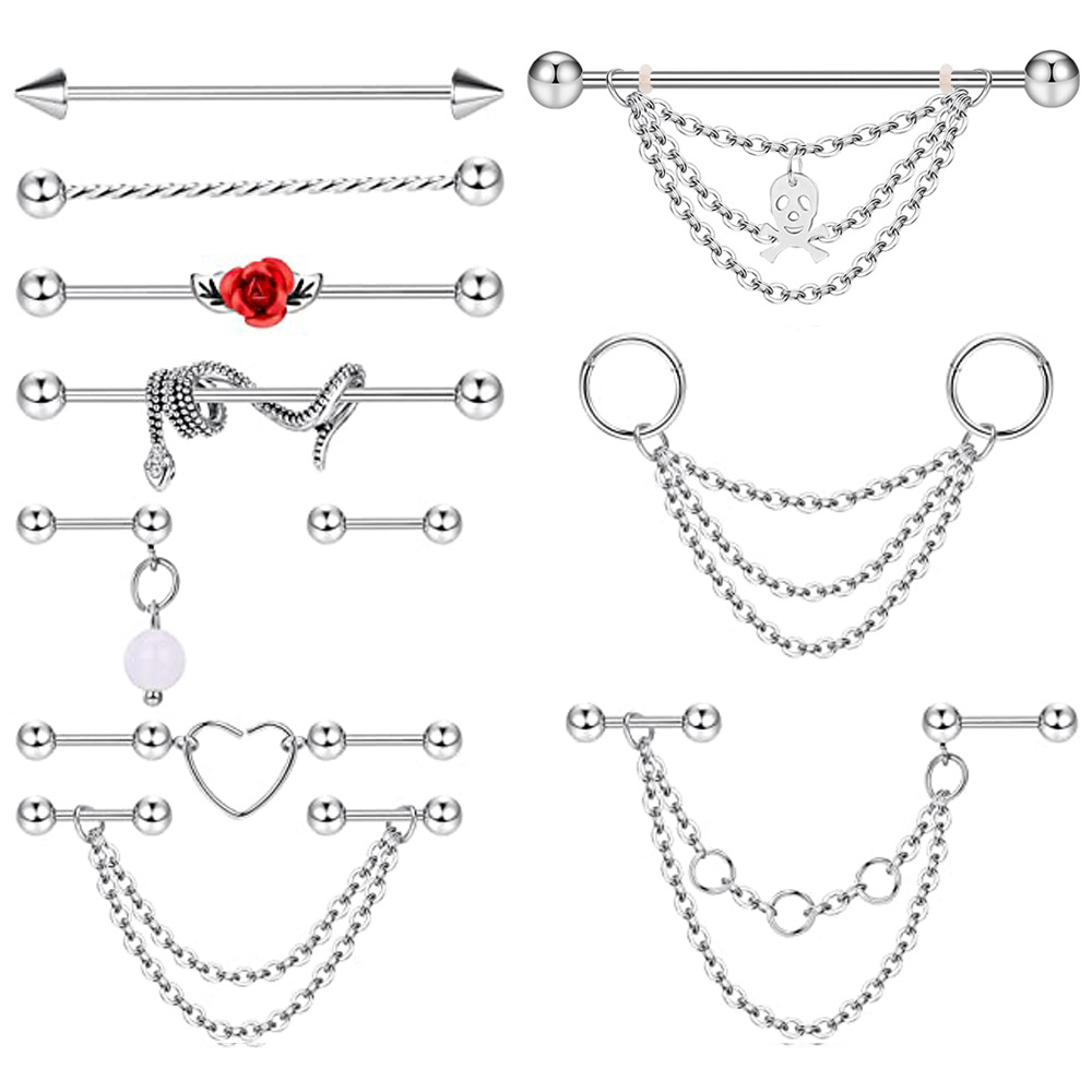 Industrial Ear Bone Nail Set Nine Treasure Flowers Snake Chain Earrings - Rose Gold Stainless Steel Piercing Earrings - Image 2