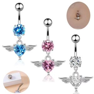 Angel Wings Heart-Shaped CZ Navel Ring Belly Button Piercing Jewelry Gold