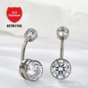 F136 Titanium Curved L Rod Serrated Edge Double Head Inlaid Zircon G23 Titanium Alloy Navel Ring Belly Button Jewelry