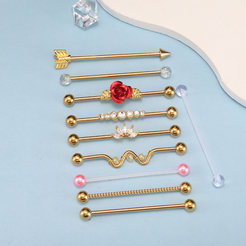 10-Piece 14G Stainless Steel Industrial Ear Studs Set - Gold Straight Bar with Zircon Flower Long Bar Ear Bridge Studs for Helix Piercing - Image 4