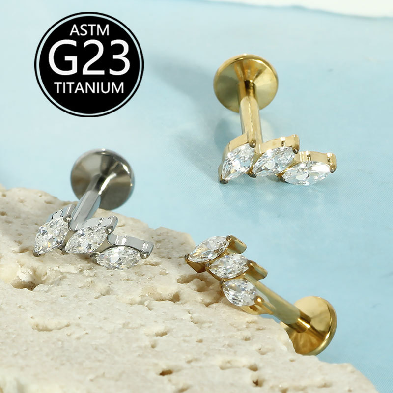 G23 Titanium Leaf Marquise Zircon Lip Stud 1.2mm Rod Internally Threaded Labret Piercing Jewelry - Image 2