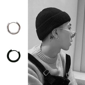 Korean Style Bold Geometric Hoop Earrings Black Stainless Steel Hip Hop Fashion Piercing Jewelry for Men Women