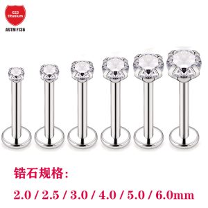 G23 Titanium Alloy Inner Thread Lip Labret Stud with Zircon Claw Setting Round Claw 1.2x14mm