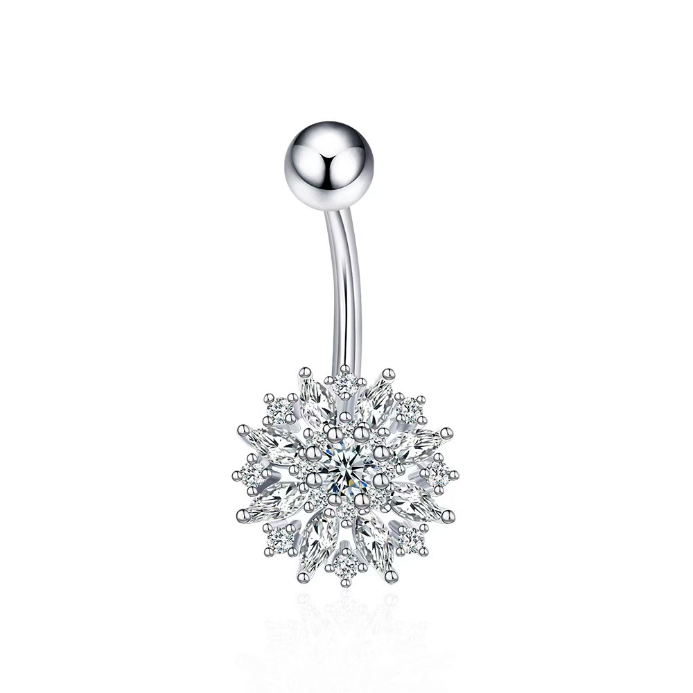 New Fashion Flower Belly Button Ring Inlaid Zircon Stainless Steel Belly Dance Piercing Jewelry for Women Wholesale - Image 2