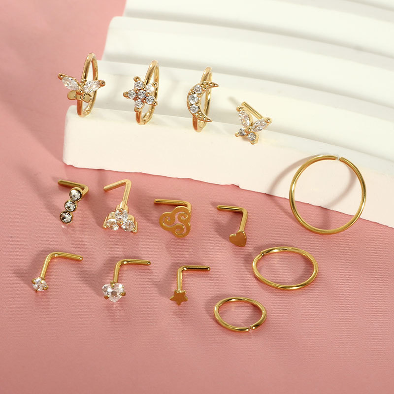 14G Heart Nose Ring Stainless Steel Nose Stud Piercing Jewelry Set of 14 - Silver Zircon - Image 2