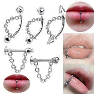 Stainless Steel Lip Stud with Chain Round Ball Pointed Cone Lip Ring Curved Bar Chain Eyebrow Nose Ear Bone Piercing Jewelry