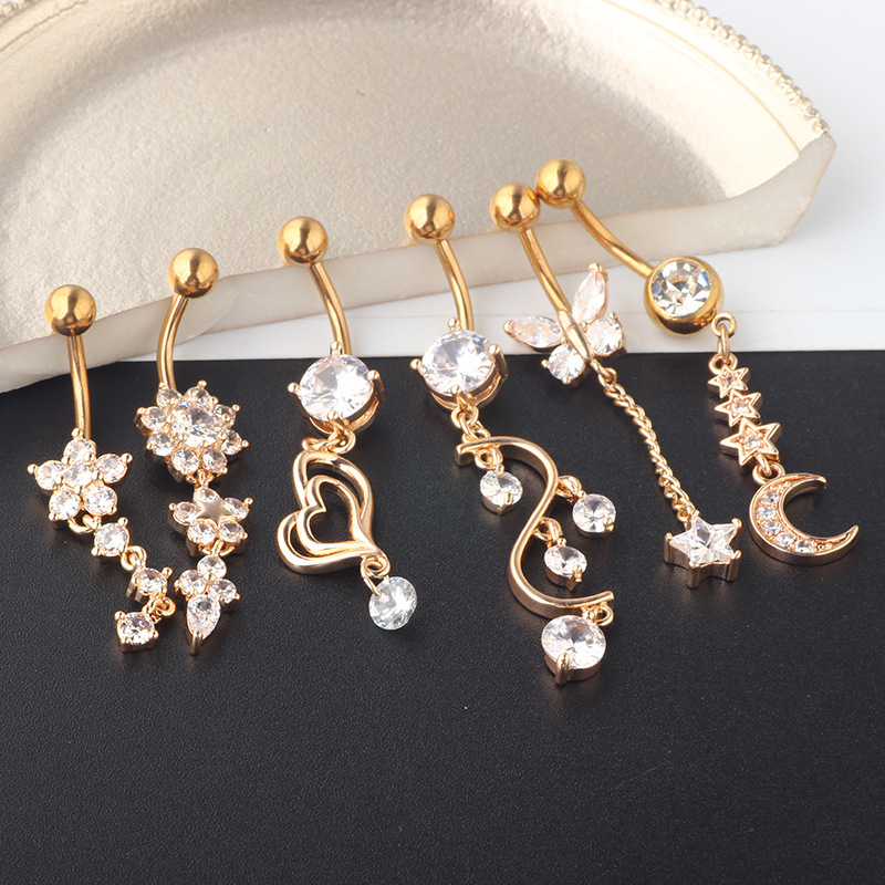 Rose Gold Zircon Belly Button Ring Set - 6 Piece Body Piercing Jewelry Suit - Image 5