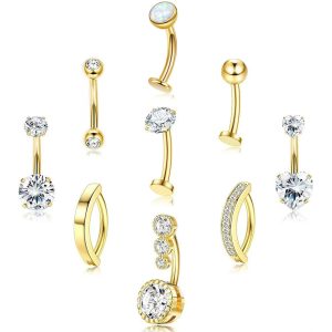 Stainless Steel Belly Button Ring 9-Piece Set with Round Zircon and Opal 14g Belly Piercing Jewelry