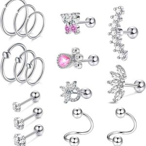 Pink Butterfly Crown Gold Stainless Steel Screw Stud Earring Set for Cartilage Piercing
