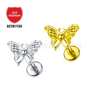 G23 Titanium Ear Cartilage Stud Butterfly Design ASTM F136 Piercing Jewelry Gold
