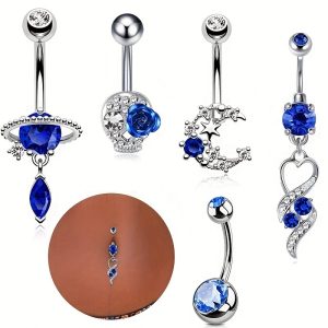 Blue Planet Zircon Water Drop Umbilical Ring Simple Moon Navel Buckle 5-Piece Body Piercing Set
