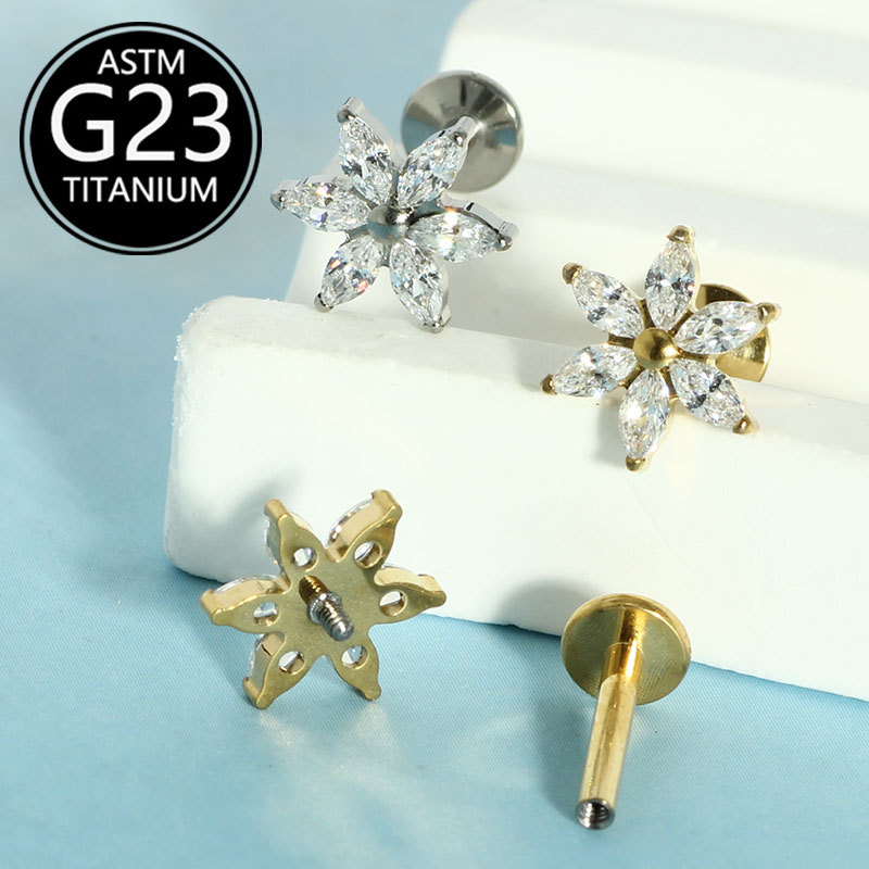 G23 Titanium Inlaid Zircon Flower Labret Stud Lip Piercing Jewelry Internally Threaded - Image 4