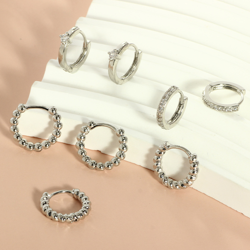 Geometric Ball Earrings for Women Men, 316L Surgical Steel Silver with White Zircon, Minimalist Hoop Earrings - Image 2