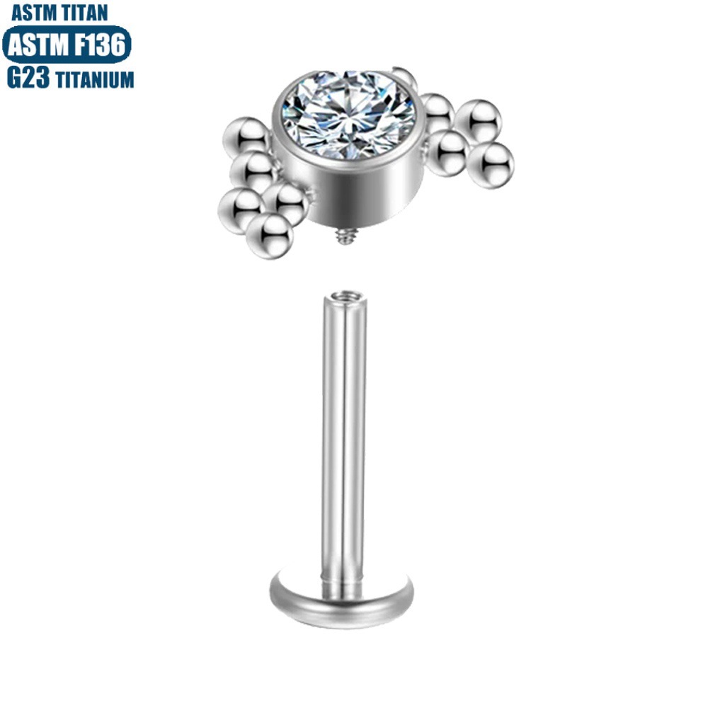 F136 Titanium Perforated Lip Stud with Diamond-Embedded Welding Beads and Spiral Internal Thread - Small Ear Stud and Lip Ring for Welding Diaphragm - Image 3