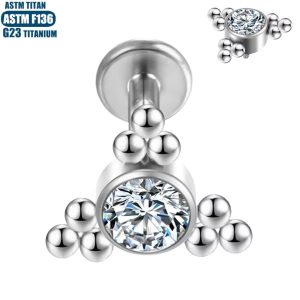 Silver Zircon Bead Cluster Thread Inner Teeth Lip Ring Earring - G23 Titanium Lip Piercing Jewelry